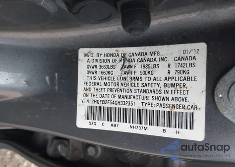 2012 Honda Civic Sdn Lx z USA, uszkodzony, nr VIN 2HGFB2F54CH332351